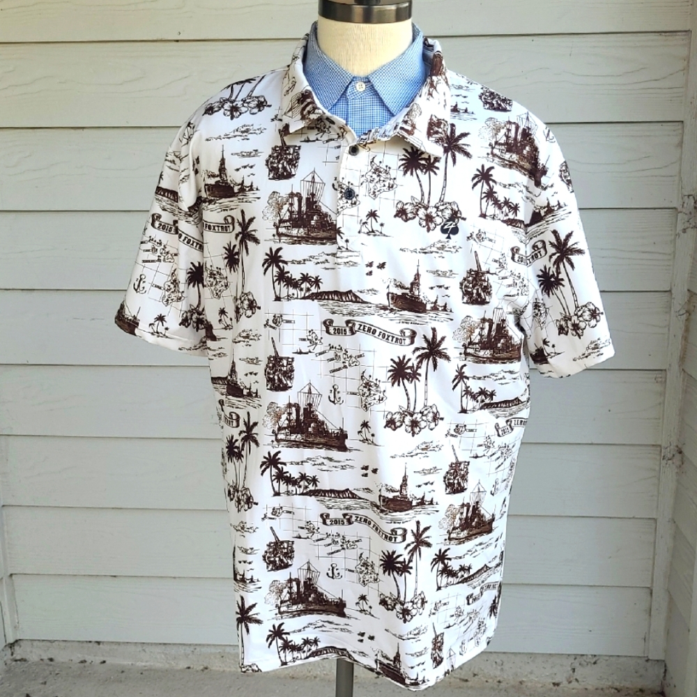 ZERO FOXTROT White Brown Nautical Map 2XL Mens Short Sleeve Hawaiian Polo Shirt
